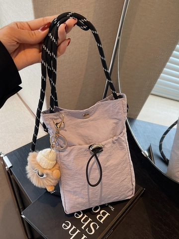 Mini Borsa a Tracolla in Nylon da Donna Borsa per Cellulare Coulisse Borsa a Spalla con Portachiavi Mostro Peloso Street Style