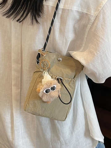 Mini Borsa a Tracolla in Nylon da Donna Borsa per Cellulare Coulisse Borsa a Spalla con Portachiavi Mostro Peloso Street Style