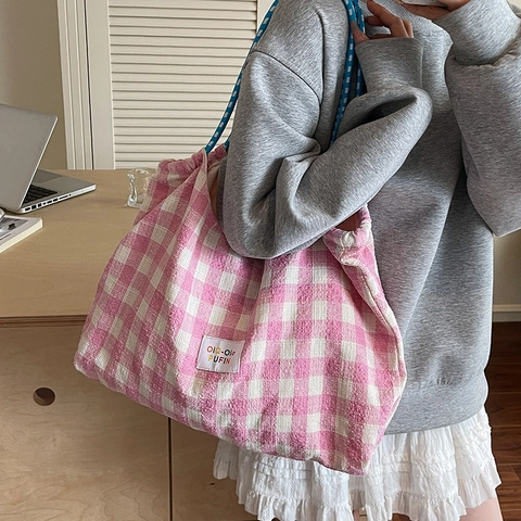 Women Large Capacity Gingham Plaid Canvas Tote Bag Casual Drawstring Shoulder Bag Printed Fabric Commuter Shopping Handbag