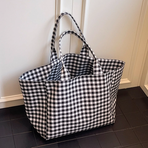 Women Large Capacity Canvas Plaid Tote Bag Casual Checkered Shoulder Bag For School Shopping Work Daily Use 2025 Summer New