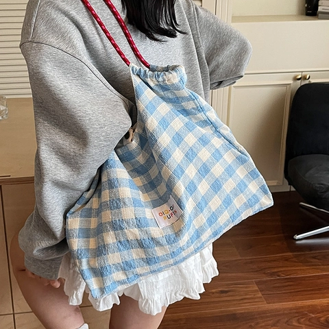 Women Large Capacity Gingham Plaid Canvas Tote Bag Casual Drawstring Shoulder Bag Printed Fabric Commuter Shopping Handbag