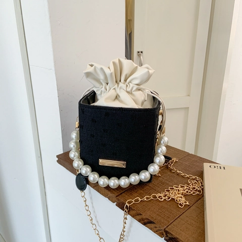 Damen Mini Perlen Griff Eimer Tasche PU Leder Denim Textur Kordelzug Umhängetasche Mit Goldener Kette Elegant Party Handtasche