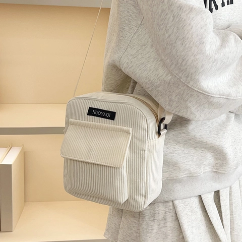 Bolso de Hombro de Pana Casual para Mujer Color Sólido Minimalista Japonés Bolso de Bandolera Cuadrado para Escuela Diario Pequeño