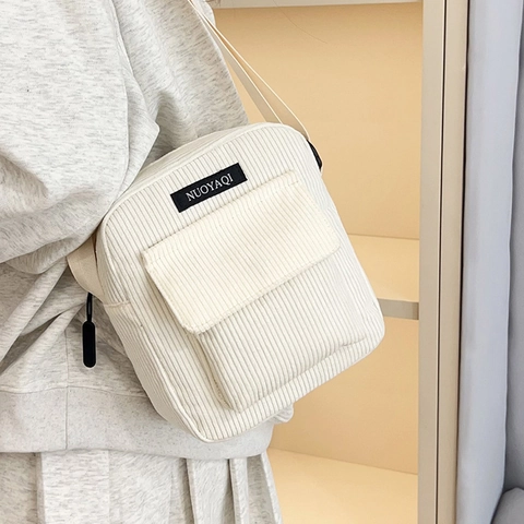 Bolso de Hombro de Pana Casual para Mujer Color Sólido Minimalista Japonés Bolso de Bandolera Cuadrado para Escuela Diario Pequeño