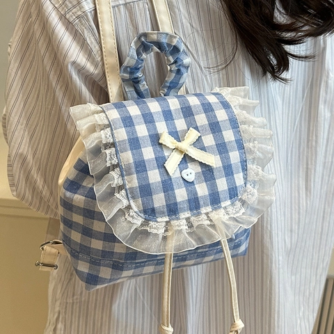 Mini Mochila de Cuadros Dulce con Adorno de Encaje para Mujer Mochila Escolar Kawaii con Lazo Estilo Preppy Pequeña Mochila de Viaje de Lona