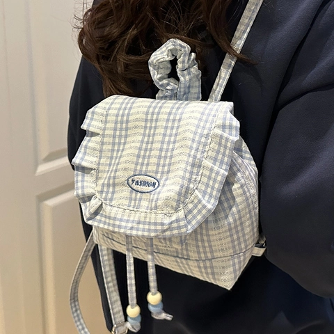 Mini Mochila de Cuadros Dulce con Adorno de Encaje para Mujer Mochila Escolar Kawaii con Lazo Estilo Preppy Pequeña Mochila de Viaje de Lona