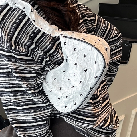 Balletcore Bow Canvas Shoulder Bag For Women Sweet Underarm Bag Fashion Casual Hobo Baguette Bag Solid Color Daily Travel Bag