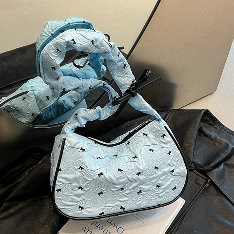 Balletcore Bow Canvas Shoulder Bag For Women Sweet Underarm Bag Fashion Casual Hobo Baguette Bag Solid Color Daily Travel Bag