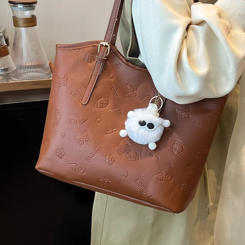 Moda Donna Grande Capacità Borsa Tote in Pelle PU Goffrata Motivo Cucciolo Minimalismo Urbano Pendolare Borsa a Tracolla