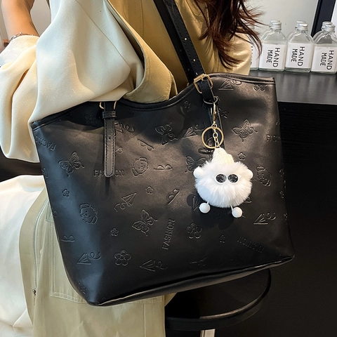 Moda Donna Grande Capacità Borsa Tote in Pelle PU Goffrata Motivo Cucciolo Minimalismo Urbano Pendolare Borsa a Tracolla