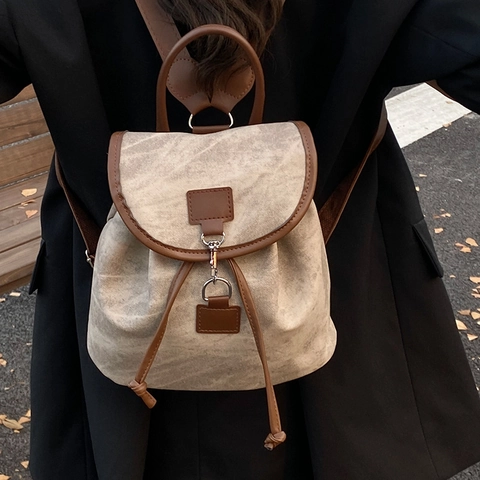 Retro Damen PU Leder Rucksack Große Kapazität Kontrastfarbe Mode Umhängetasche Kordelzug Lässige Reise Daypack