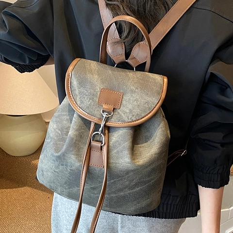 Retro Damen PU Leder Rucksack Große Kapazität Kontrastfarbe Mode Umhängetasche Kordelzug Lässige Reise Daypack