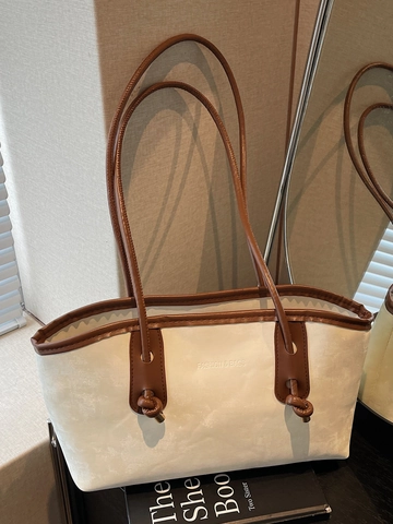 Damen Große Kapazität PU Leder Schulter Tragetasche Vintage Geknoteter Griff Mode Buchstabendruck Achseltasche Für Büro Alltag