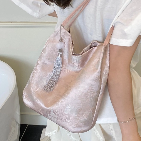Borsa Tote Ricamata Jacquard in Stile Cinese Donna Satin Grande Capacità Borsa a Tracolla Nappa Borsa Orientale Nazionale