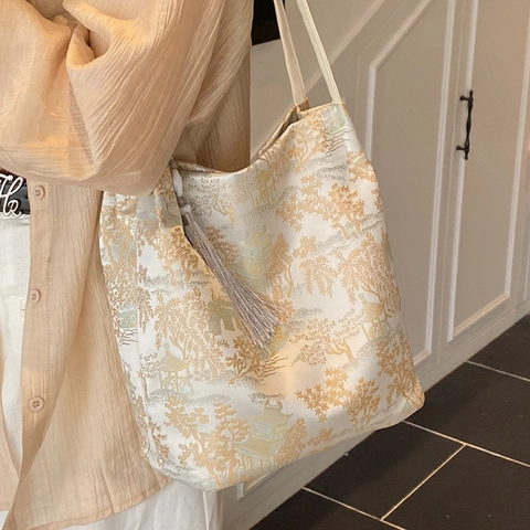Borsa Tote Ricamata Jacquard in Stile Cinese Donna Satin Grande Capacità Borsa a Tracolla Nappa Borsa Orientale Nazionale