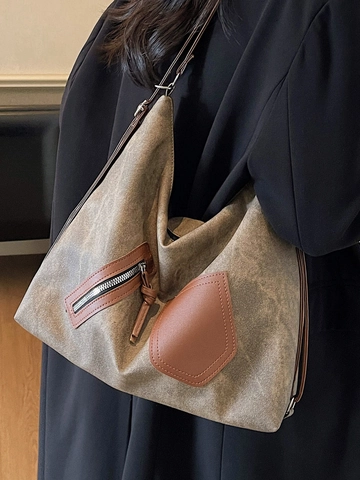 Borsa Tote da Donna in Pelle PU Vintage Grande Capacità Patchwork Borsa a Spalla Con Cerniera Decorativa Borsa a Mano Casual Quotidiana