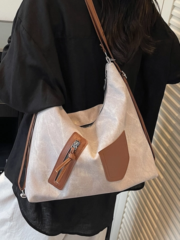 Borsa Tote da Donna in Pelle PU Vintage Grande Capacità Patchwork Borsa a Spalla Con Cerniera Decorativa Borsa a Mano Casual Quotidiana