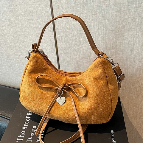 Vintage Suede PU Hobo Bag For Women Bowknot Heart Pendant Underarm Shoulder Bag Simple Dumpling Shaped Handbag Retro Purse