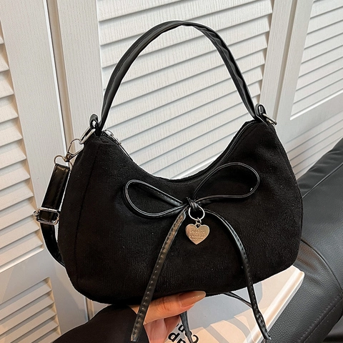 Vintage Suede PU Hobo Bag For Women Bowknot Heart Pendant Underarm Shoulder Bag Simple Dumpling Shaped Handbag Retro Purse
