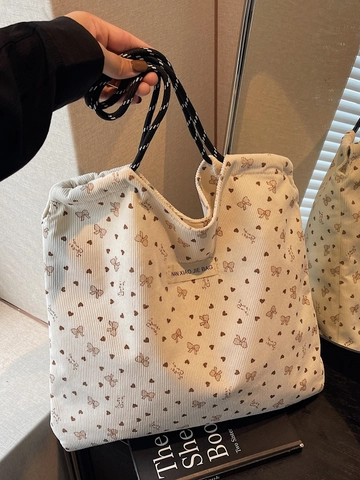 Borsa Tote in Velluto a Coste Stampa Cuore Fiocco Grande Capacità Borsa a Spalla Vintage Casual da Donna per Casa Lavoro