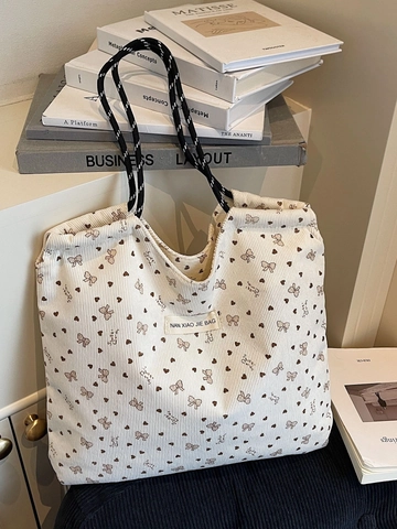Borsa Tote in Velluto a Coste Stampa Cuore Fiocco Grande Capacità Borsa a Spalla Vintage Casual da Donna per Casa Lavoro