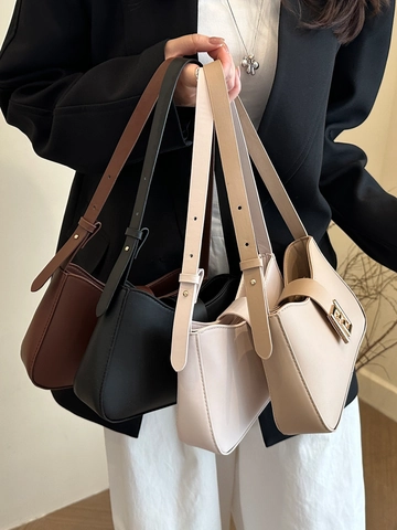 Vintage PU Leather Underarm Bag For Women Minimalist Solid Color Shoulder Bag With Geometric Metal Buckle Fashion Saddle Bag
