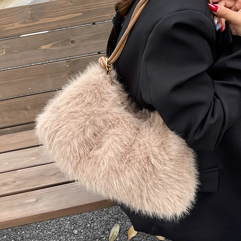 Bolso de Cubo de Piel Sintética para Mujer Gran Capacidad Felpa de Alta Gama Bolso de Hombro Cruzado para Otoño Invierno Color Sólido Joyería