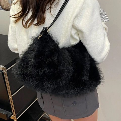 Bolso de Cubo de Piel Sintética para Mujer Gran Capacidad Felpa de Alta Gama Bolso de Hombro Cruzado para Otoño Invierno Color Sólido Joyería