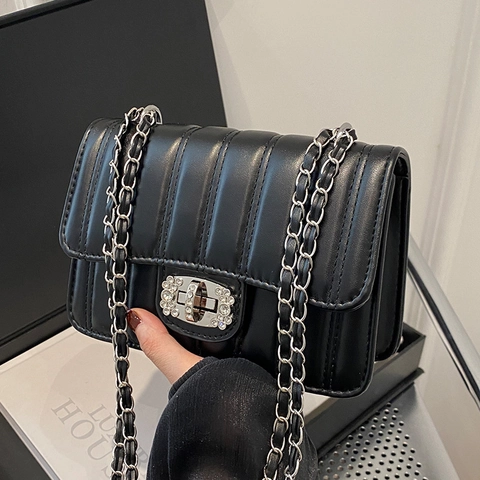 Borsa A Tracolla Da Donna In Pelle PU Trapuntata Elegante Chiusura In Strass Catena Intrecciata Patta Tracolla Borsa Quadrata Piccola Casual Chic