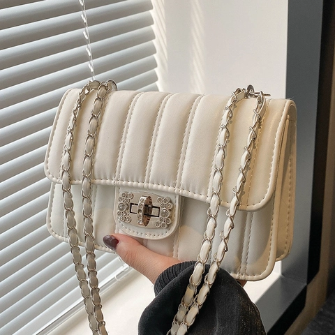 Borsa A Tracolla Da Donna In Pelle PU Trapuntata Elegante Chiusura In Strass Catena Intrecciata Patta Tracolla Borsa Quadrata Piccola Casual Chic