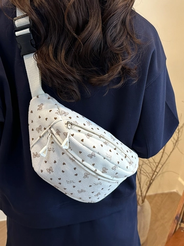 Dames Corduroy Borsttas Schattig Hart Strik Patroon Bedrukt Heuptas Casual Schoudertas Voor Dagelijks Reizen