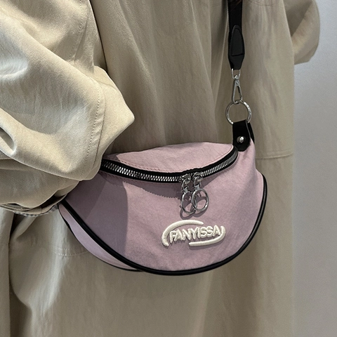 Women Canvas Chest Bag Fashion Crossbody Bag American Vintage Style Shoulder Bag With Embroidery Letter Zipper Pocket Casual Streetwear Waist Pack