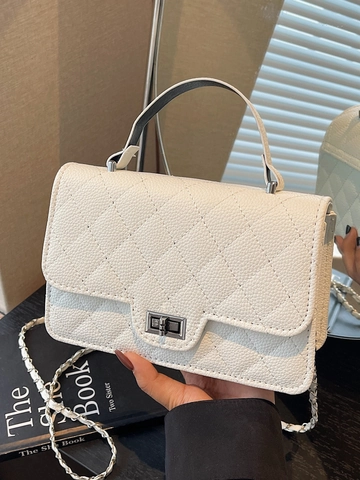 Women Quilted Chain Shoulder Bag PU Leather Lychee Texture Turn Lock Flap Square Crossbody Handbag With Top Handle