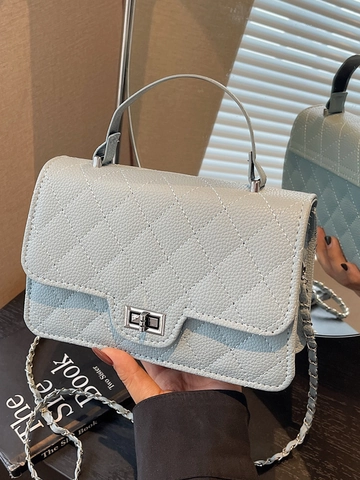 Women Quilted Chain Shoulder Bag PU Leather Lychee Texture Turn Lock Flap Square Crossbody Handbag With Top Handle