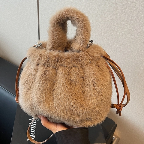 Borsa a Secchiello in Pelliccia Sintetica di Peluche da Donna Borsa a Tracolla Morbida Autunno Inverno Coulisse Versatile