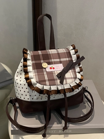 Mini Mochila De PU Estilo Dulce Japonés Con Empalme De Cuadros Y Estampado De Estrellas Lazo Borde Con Volante Parche De Cereza