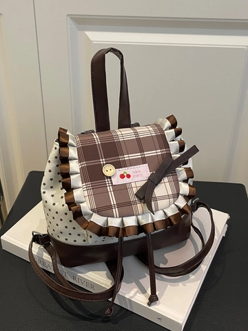 Mini Mochila De PU Estilo Dulce Japonés Con Empalme De Cuadros Y Estampado De Estrellas Lazo Borde Con Volante Parche De Cereza