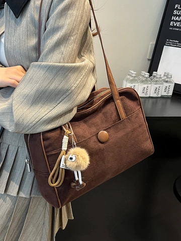 Borsa a Spalla in PU Effetto Scamosciato Vintage di Grande Capacità per Donna Borsa Sottobraccio Elegante Borsa Scuola Retrò con Ciondolo