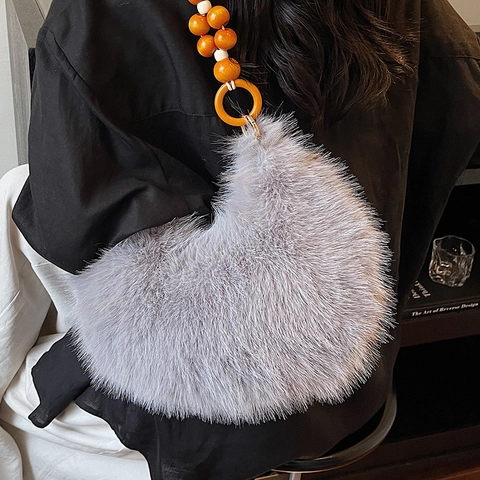 Borsa a Spalla in Ecopelliccia da Donna Tracolla con Perline Boho Borsa Tote a Mezzaluna Moda Autunno Inverno Hobo Handbag
