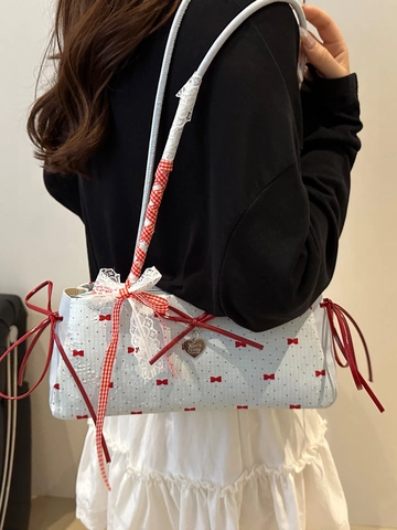 Borsa a Tracolla da Donna in Nuovo Stile Cinese Pelle PU Fiocco Stampa Floreale Nastro Pizzo Vintage Dolce Borsa Sottoascellare