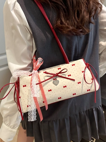 Borsa a Tracolla da Donna in Nuovo Stile Cinese Pelle PU Fiocco Stampa Floreale Nastro Pizzo Vintage Dolce Borsa Sottoascellare
