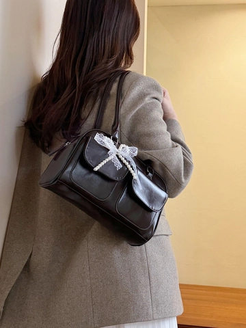 Bolso de Hombro de Cuero PU Vintage para Mujer Bolso Tote de Gran Capacidad Con Colgante de Lazo de Perlas Artificiales
