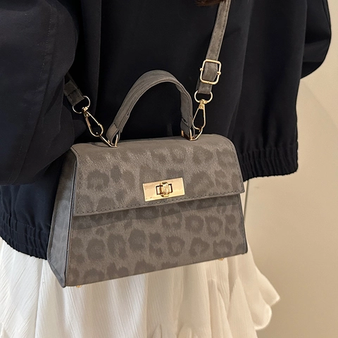 Bolso de Hombro con Estampado de Leopardo para Mujer Cuero PU Bolso de Mano Pequeño Cuadrado de Moda Cerradura Dorada