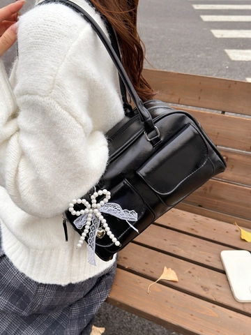 Bolso de Hombro de Cuero PU Vintage para Mujer Bolso Tote de Gran Capacidad Con Colgante de Lazo de Perlas Artificiales