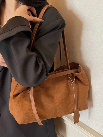 Women Large Capacity Tote Bag Vintage PU Leather Frosted Texture Minimalist Shoulder Bag Solid Color Daily Office Handbag
