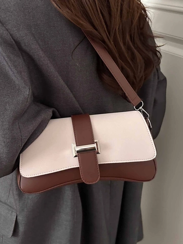 Vintage Women PU Leather Underarm Bag Contrast Color Patchwork Shoulder Bag With Metal Buckle Square Flap Handbag Daily Bag