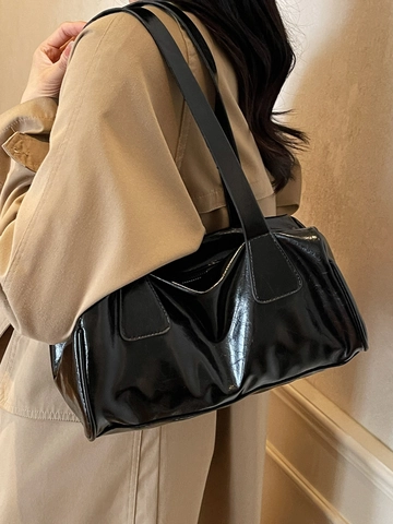 Retro Glänzende PU Leder Baguette Tasche Für Damen Schicke Achsel Schultertasche Zylindrische Handtasche Lässige Pendler Tasche