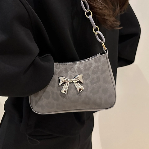 Mode Damen Leopardenmuster PU Leder Schultertasche Vintage Schmetterlingsschleife Dekor Achseltasche Stilvolle Umhängetasche Handtasche