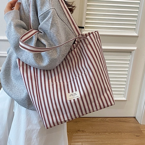 Dames Grote Capaciteit Canvas Streep Tote Tas Casual Dagelijks Woon-werkverkeer Schoudertas Veelzijdige Open Handtas Met Label