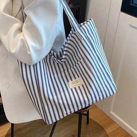 Dames Grote Capaciteit Canvas Streep Tote Tas Casual Dagelijks Woon-werkverkeer Schoudertas Veelzijdige Open Handtas Met Label